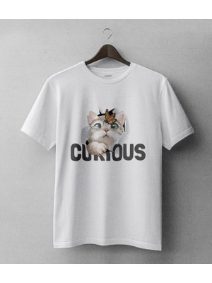 Buzagi Meraklı Kedi Curious Regular Kalıp Dijital Baskılı Beyaz Tişört