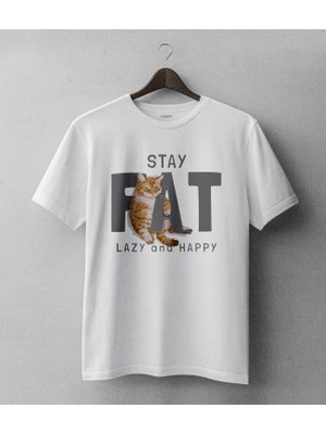 Buzagi Stay Fat Sevimli Kedi Oversize Kalıp Dijital Baskılı Beyaz Tişört