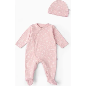 Bebek Patikli Tulum Şapka Set Bahar Çiçekli Pembe