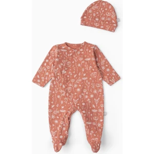 Bebek Patikli Tulum Şapka Set Bahar Çiçekli Kiremit
