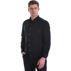 Lacivert Slim Fit Düz 100% Pamuklu Düğmeli Yaka Uzun Kollu Klasik Gömlek