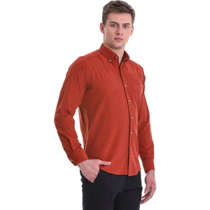Kiremit Slim Fit Düz 100% Pamuklu Düğmeli Yaka Uzun Kollu Klasik Gömlek