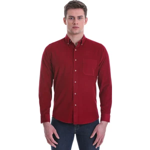 Bordo Slim Fit Düz 100% Pamuklu Düğmeli Yaka Uzun Kollu Klasik Gömlek