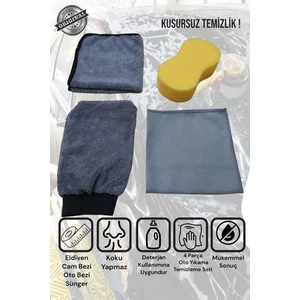 4'lü Mikrofiber Oto Yıkama Kurulama Araba Silme Bezi, Oto Eldiven, Cam Bezi ve Sünger