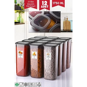 Etiketli 12 Adet 1750 ml Ekonomik Kırılmaz Antrasit Saklama Kabı