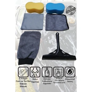 6'lı Mikrofiber Oto Yıkama Kurulama Araba Silme Bezi, Cam Bezi, Oto Eldiveni, Silecek, Sünger