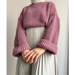 Edz Kadın Mürdüm Renk Fitilli Fakir Kol Detaylı Kazak