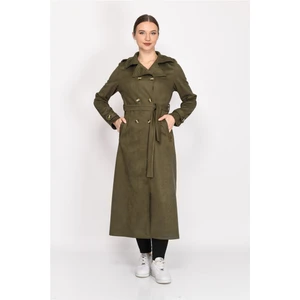 Kruvaze Yaka Suni Süet Trençkot Haki