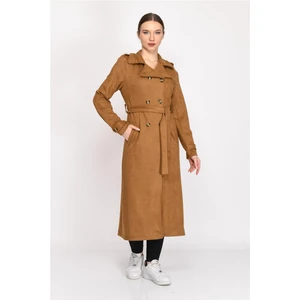 Kruvaze Yaka Suni Süet Trençkot Açık Taba