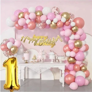 55 Adet Adet Balon Lüks Pembe Rose Gold 1 Yaş Balon Seti