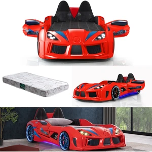 Audi Kapıları Açılabilen Full Ledli Koltuklu Arabalı Yatak,Kırmızı + 1 Adet Comfort Yatak