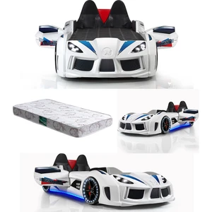 Audi Kapıları Açılabilen Full Ledli Koltuklu Arabalı Yatak,Beyaz + 1 Adet Comfort Yatak