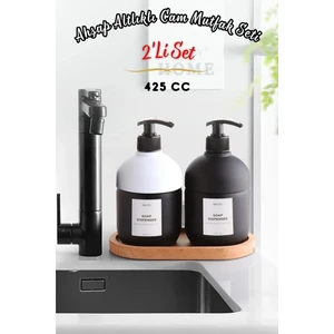 Open Home Lüks Ahşap Altlıklı Cam 2'li Set Cool Sabunluk - Mutfak Seti Siyah-Beyaz