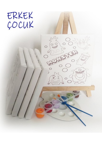 Erkek Çocuk Ressam Seti 5'li - 20 x 20 cm Önçizimli Tuval, 2 Ad. Fırça, Palet, Boyalar ve Şövale
