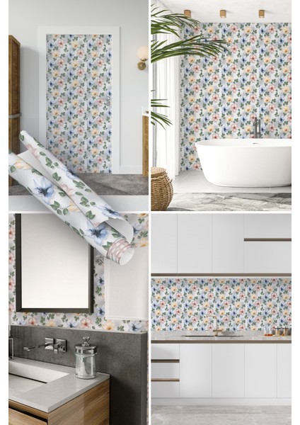 Renkli Çiçek Desenli Yapışkanlı Folyo, Mutfak, Tezgah, Masa, Dolap Kaplama Folyosu, Isıya Dayanıklı, Su Geçirmez, Yapışkan Folyolar, Sticker, Büyük Ebatlı, Dekoros