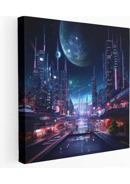 Gece Yarısı Neon Şehir Kanvas Tablo - Gece Yarısı, Macera, Gece Yarısı, Neon Işıklı Şehir Manzarası, 100X100