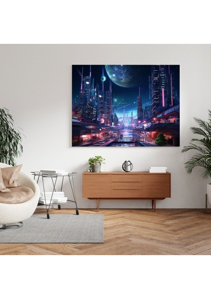 Gece Yarısı Neon Şehir Kanvas Tablo - Gece Yarısı, Macera, Gece Yarısı, Neon Işıklı Şehir Manzarası, 100X100