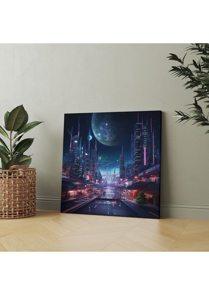 Gece Yarısı Neon Şehir Kanvas Tablo - Gece Yarısı, Macera, Gece Yarısı, Neon Işıklı Şehir Manzarası, 100X100