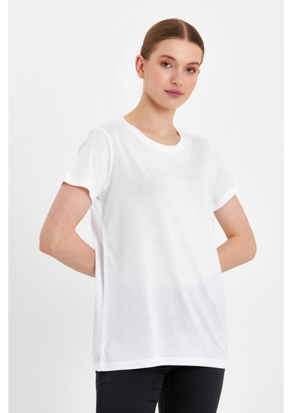 Kadın Boyfriend Beyaz Bisiklet Yaka Regular Fit Tişört (Modal) modelleri