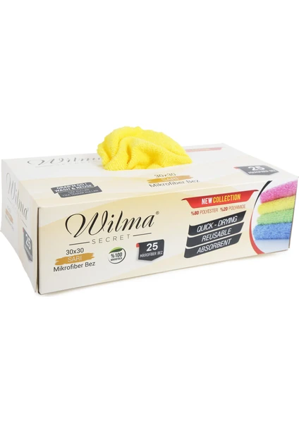 Wilma Secret Mikrofiber Temizlik Bezi Kutulu 25 Adet – Yeniden Kullanılabilir Mikrofiber Bezler 30X30CM 180GSM – Araç, Mutfak, Banyo, Ofis, Toz Bezi – Hav Tüy Bırakmaz