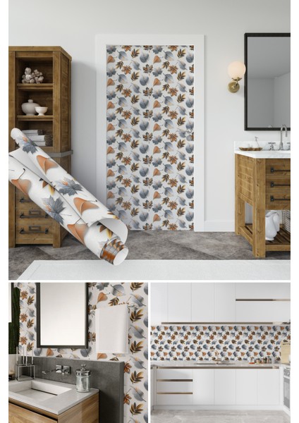 Kahverengi Gri Yaprak Desenli Yapışkanlı Folyo, Mutfak, Tezgah, Masa, Dolap Kaplama Folyosu, Isıya Dayanıklı, Su Geçirmez, Yapışkan Folyolar, Sticker, Büyük Ebatlı, Dekoros