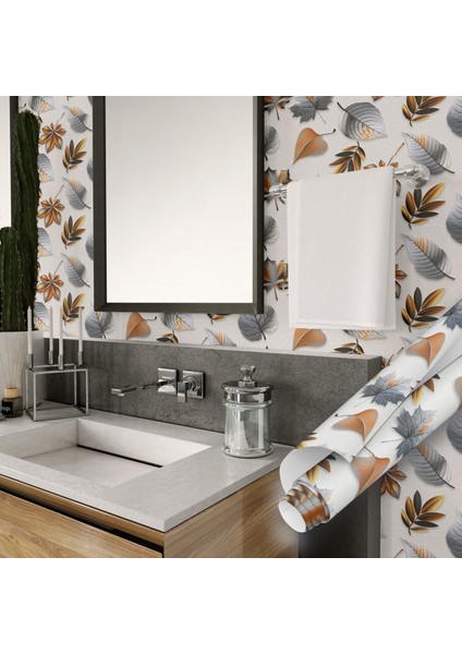 Kahverengi Gri Yaprak Desenli Yapışkanlı Folyo, Mutfak, Tezgah, Masa, Dolap Kaplama Folyosu, Isıya Dayanıklı, Su Geçirmez, Yapışkan Folyolar, Sticker, Büyük Ebatlı, Dekoros modelleri