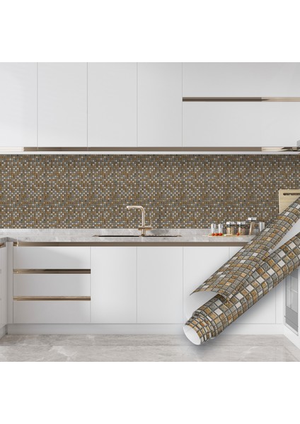 Kahverengi Mozaik Desenli Fayans Görünümlü Yapışkanlı Folyo, Mutfak, Tezgah, Masa, Dolap Kaplama Folyosu, Isıya Dayanıklı, Su Geçirmez, Yapışkan Folyolar, Sticker, Büyük Ebatlı, Dekoros fırsatları