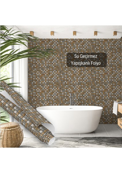 Kahverengi Mozaik Desenli Fayans Görünümlü Yapışkanlı Folyo, Mutfak, Tezgah, Masa, Dolap Kaplama Folyosu, Isıya Dayanıklı, Su Geçirmez, Yapışkan Folyolar, Sticker, Büyük Ebatlı, Dekoros indirimleri