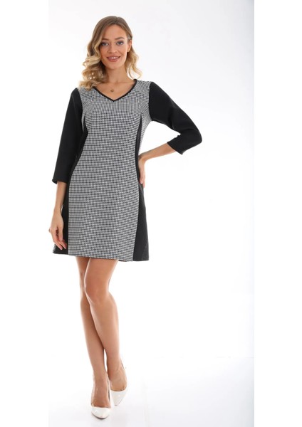 V Yaka Truvakar Kollu Kazayağı Mini Elbise Ets1594