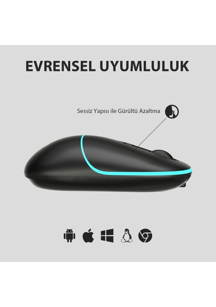 WS210 Dual Mod RGB 2.4GHz WiFi+ Bluetooth 1600DPI 6 Tuşlu Şarjlı Sessiz Kompakt Kablosuz Optik Mouse Siyah