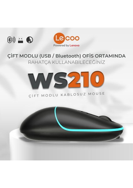 WS210 Dual Mod RGB 2.4GHz WiFi+ Bluetooth 1600DPI 6 Tuşlu Şarjlı Sessiz Kompakt Kablosuz Optik Mouse Siyah