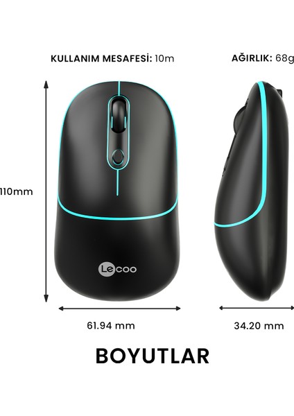 WS210 Dual Mod RGB 2.4GHz WiFi+ Bluetooth 1600DPI 6 Tuşlu Şarjlı Sessiz Kompakt Kablosuz Optik Mouse Siyah