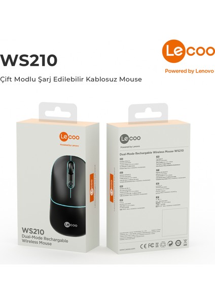 WS210 Dual Mod RGB 2.4GHz WiFi+ Bluetooth 1600DPI 6 Tuşlu Şarjlı Sessiz Kompakt Kablosuz Optik Mouse Siyah