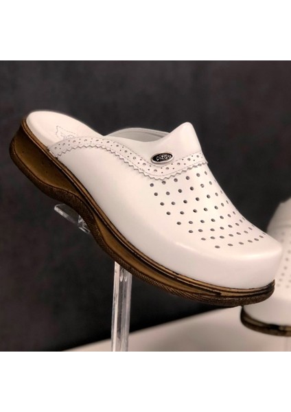 Erkek Klasik Gold Hakiki Deri Doktor Hemşire Hastane Sabo Terlik Beyaz