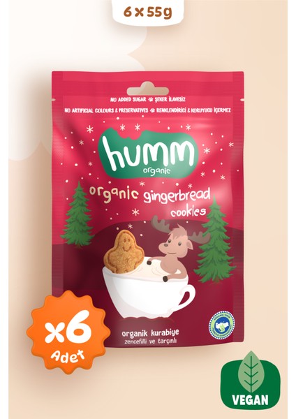 Humm Organic - Organik Vegan Zencefilli ve Tarçınlı Kurabiye Atıştırmalık Paketi - 6 Adet