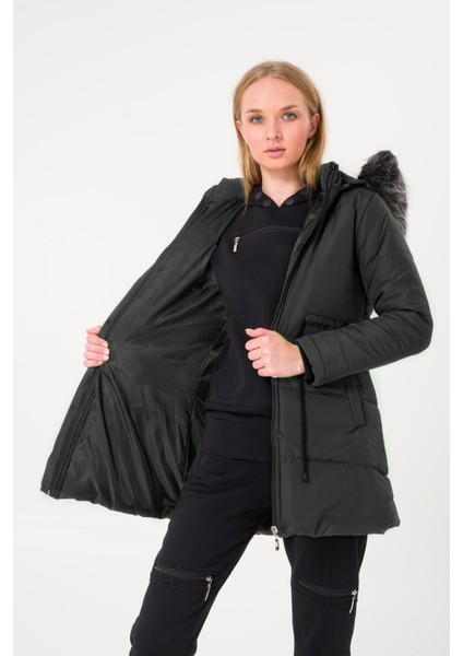 Kışlık Yaka Kürklü Uzun Kadın Şişme Mont