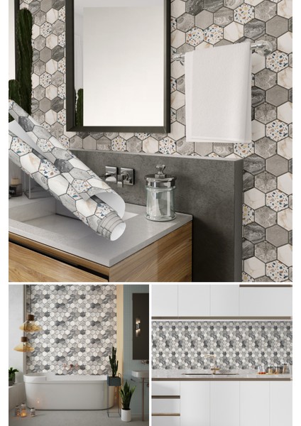 Gri Renkli Altıgen Mozaik Desenli Yapışkanlı Folyo, Mutfak, Tezgah, Masa, Dolap Kaplama Folyosu, Isıya Dayanıklı, Su Geçirmez, Yapışkan Folyolar, Sticker, Büyük Ebatlı, Dekoros