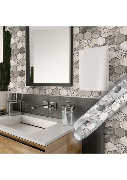 Gri Renkli Altıgen Mozaik Desenli Yapışkanlı Folyo, Mutfak, Tezgah, Masa, Dolap Kaplama Folyosu, Isıya Dayanıklı, Su Geçirmez, Yapışkan Folyolar, Sticker, Büyük Ebatlı, Dekoros modelleri