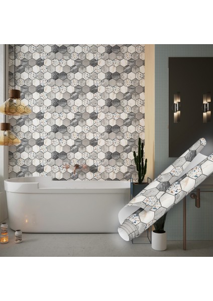 Gri Renkli Altıgen Mozaik Desenli Yapışkanlı Folyo, Mutfak, Tezgah, Masa, Dolap Kaplama Folyosu, Isıya Dayanıklı, Su Geçirmez, Yapışkan Folyolar, Sticker, Büyük Ebatlı, Dekoros fırsatları