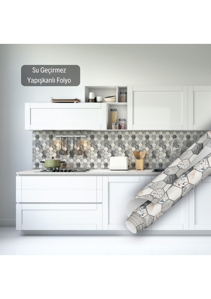 Gri Renkli Altıgen Mozaik Desenli Yapışkanlı Folyo, Mutfak, Tezgah, Masa, Dolap Kaplama Folyosu, Isıya Dayanıklı, Su Geçirmez, Yapışkan Folyolar, Sticker, Büyük Ebatlı, Dekoros indirimleri