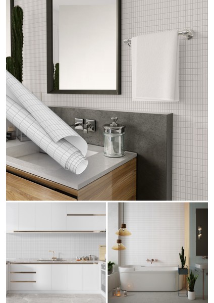 Beyaz Porselen Görünümlü Mozaik Desenli Yapışkanlı Folyo, Mutfak, Tezgah, Masa, Dolap Kaplama Folyosu, Isıya Dayanıklı, Su Geçirmez, Yapışkan Folyolar, Sticker, Büyük Ebatlı, Dekoros