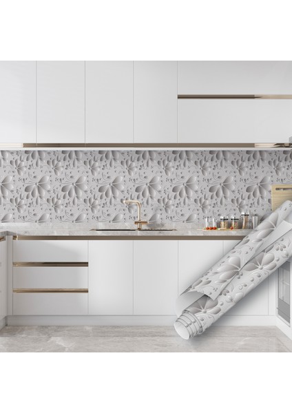 Gümüş Renkli, Çiçek Desenli Yapışkanlı Folyo, Mutfak, Tezgah, Masa, Dolap Kaplama Folyosu, Isıya Dayanıklı, Su Geçirmez, Yapışkan Folyolar, Sticker, Büyük Ebatlı, Dekoros fırsatları