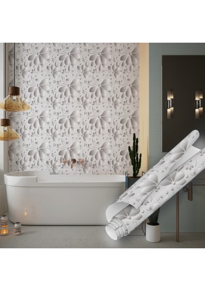 Gümüş Renkli, Çiçek Desenli Yapışkanlı Folyo, Mutfak, Tezgah, Masa, Dolap Kaplama Folyosu, Isıya Dayanıklı, Su Geçirmez, Yapışkan Folyolar, Sticker, Büyük Ebatlı, Dekoros indirimleri