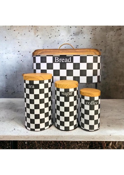 4'lü Metal Kavanoz Set Ekmeklik Sugar-Tea-Coffee Damalı