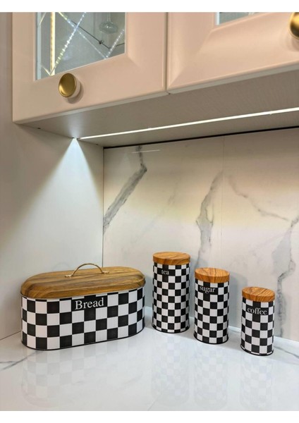 4'lü Metal Kavanoz Set Ekmeklik Sugar-Tea-Coffee Damalı fiyatları