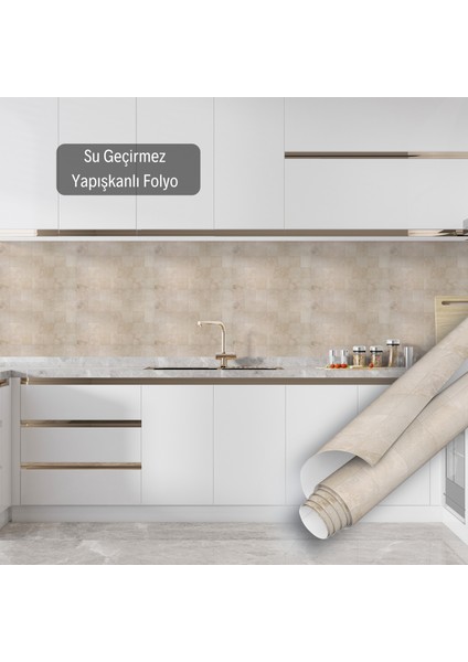 Bej Seramik Desenli Yapışkanlı Folyo, Fayans Görünümlü, Mutfak, Tezgah, Masa, Dolap Kaplama Folyosu, Isıya Dayanıklı, Su Geçirmez, Yapışkan Folyolar, Sticker, Büyük Ebatlı, Dekoros