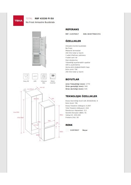 Rbf 43330 Fı Eu Ankastre Buzdolabı