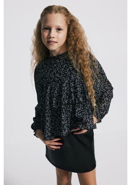 Çiçekli Frfırlı Tül Uzun Kol Üst