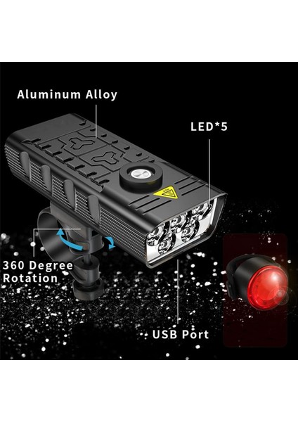2x 7000 Lümen Güçlü Bisiklet Işıkları Ön ve Arka, 5 LED Süper Parlak USB Şarj Edilebilir Su Geçirmez Bisiklet Far (Yurt Dışından)