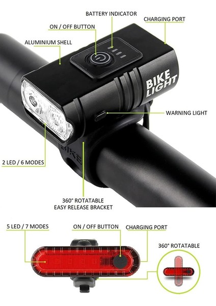 USB Şarj Edilebilir Bisiklet Işık Seti Ön ve Arka, LED Alüminyum Bisiklet Far, Bisiklet Far, Bisiklet Ön Arka Lamba, 1 (Yurt Dışından)